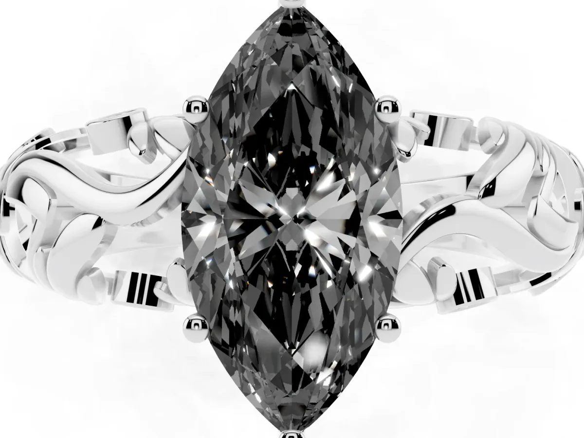Fancy Black Marquise Cut Solitaire Diamond Leaf-Inspired Vine Band Ring with Prong Setting Platinum