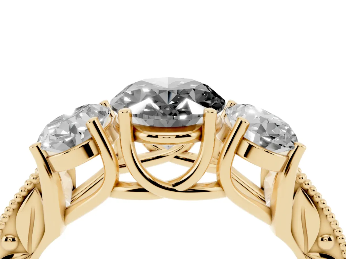 Fancy Black Three-Stone Oval Cut Cut Milgrain Pavé Engagement Ring Yellow gold