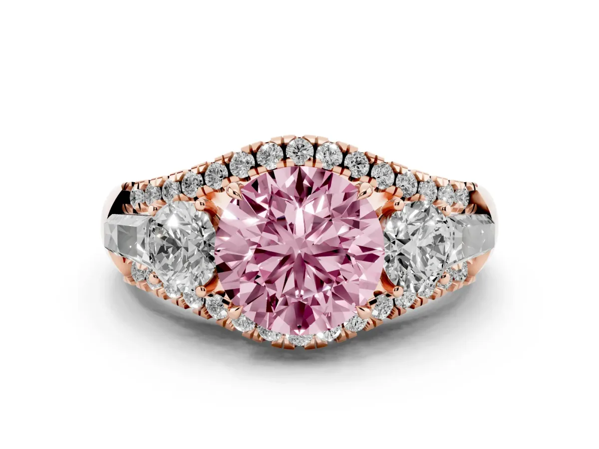 Fancy Pink Three-Stone Round Cut Diamond Engagement Ring with Pave Band and Prong Setting Rose gold