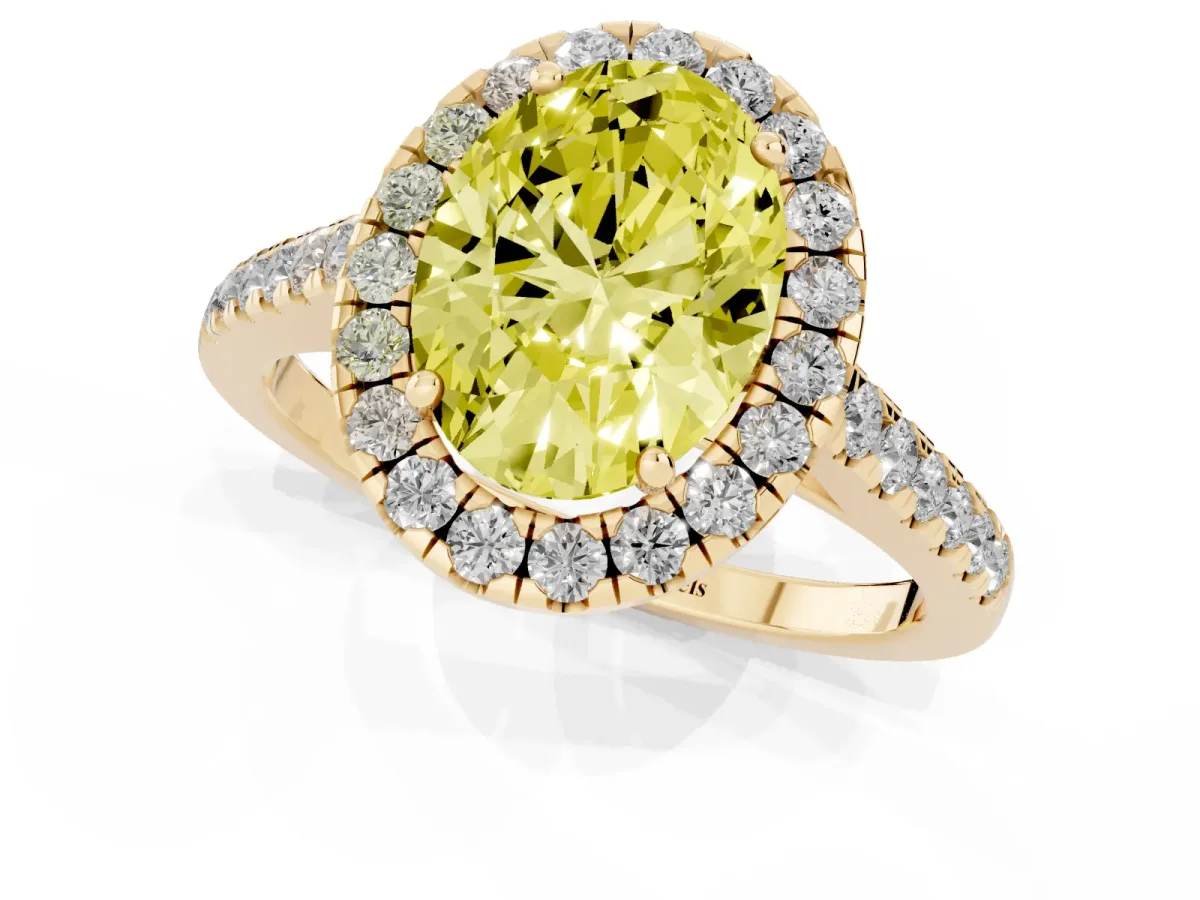 Fancy Yellow Oval Cut Halo Pave Diamond Engagement Ring with Four-Prong Setting Yellow gold