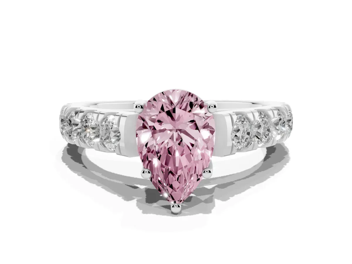 Fancy Pink Pear Cut Cut Diamond Solitaire Ring with Micro Pave Band and Prong Setting Platinum