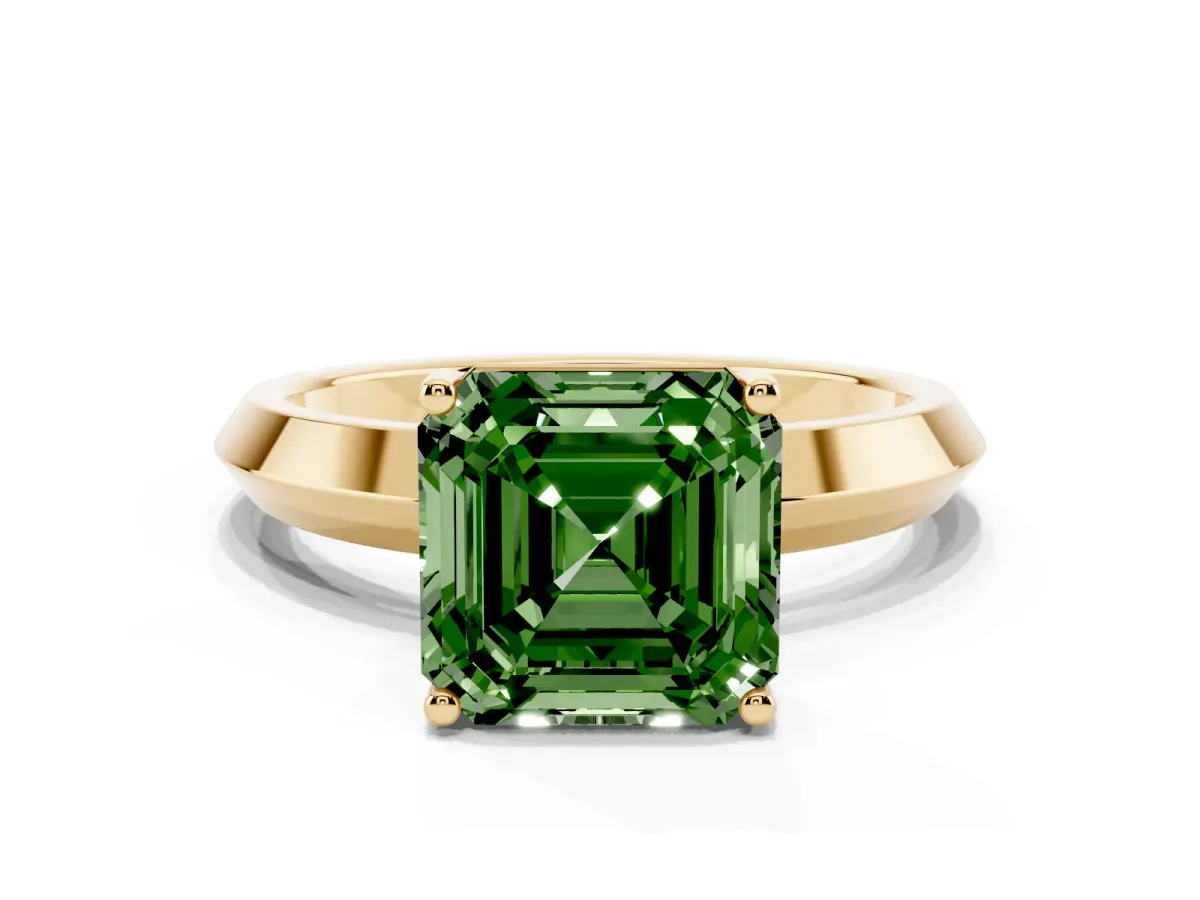Fancy Green Asscher Cut Cut Solitaire Engagement Ring with Flat Band and Four-Prong Setting Yellow gold