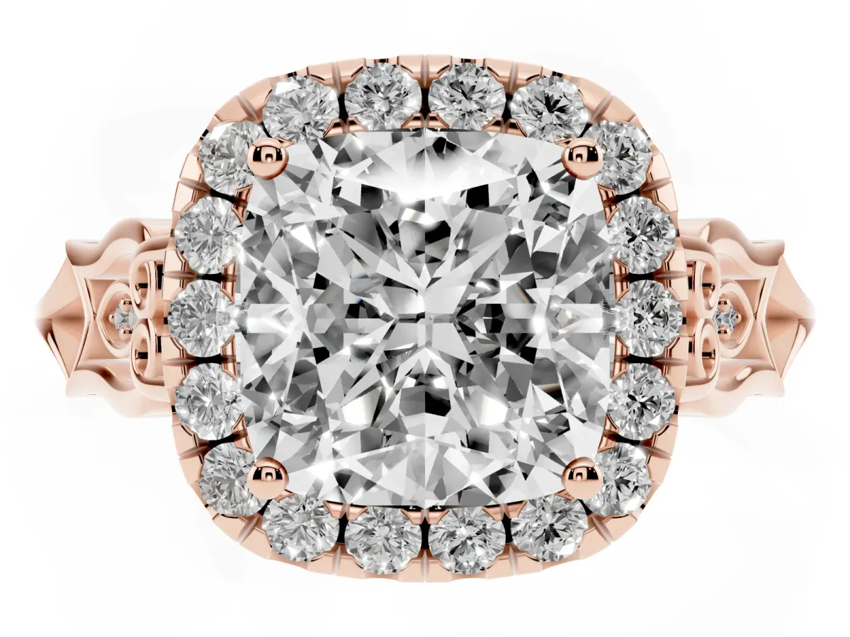 Cushion Cut Halo Diamond Engagement Ring with Filigree Band and Four-Prong Setting Rose gold
