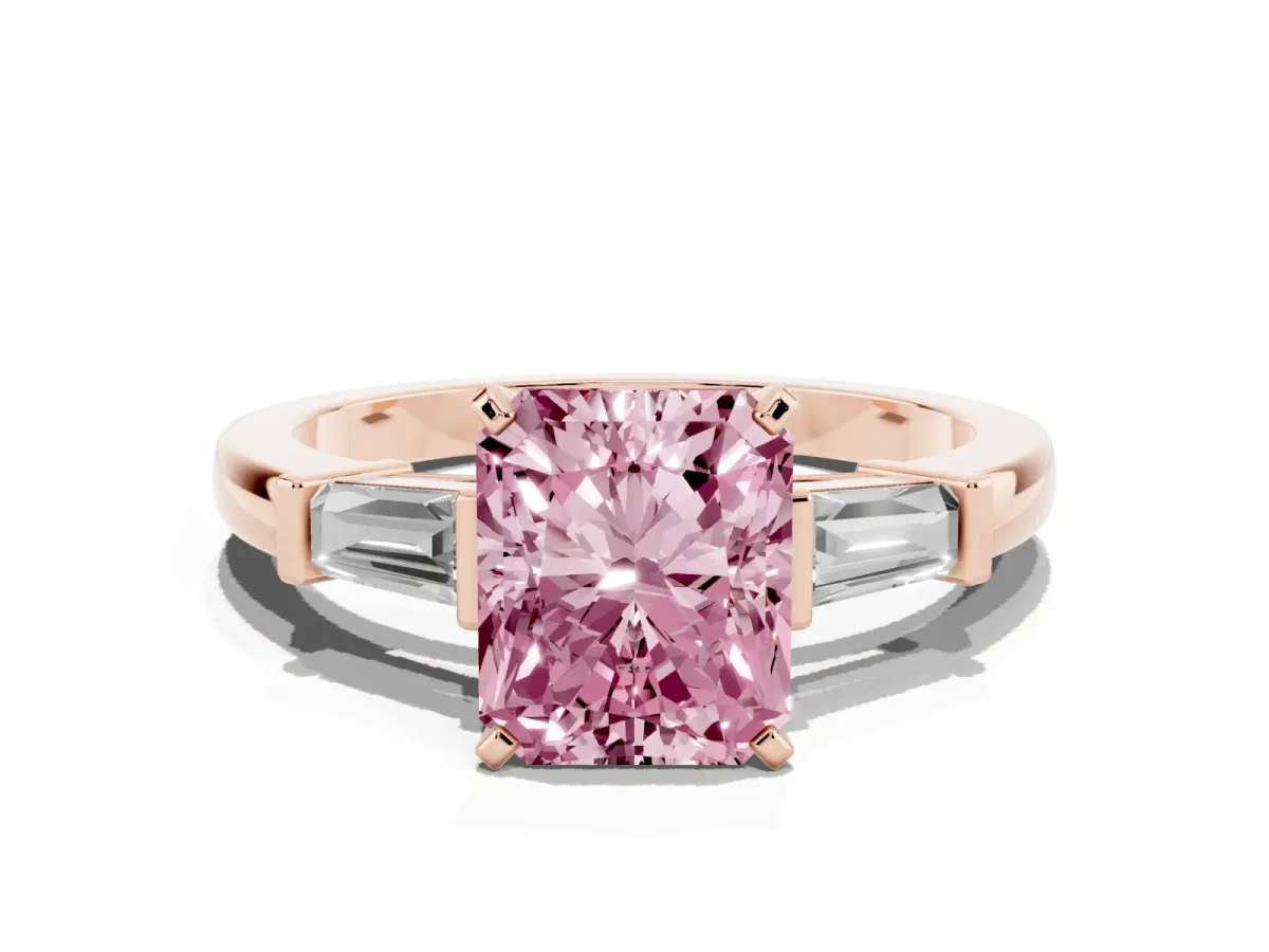 Fancy Pink Radiant Cut Cut Diamond Solitaire Ring with Tapered Baguette Accents and Four-Prong Setting Rose gold