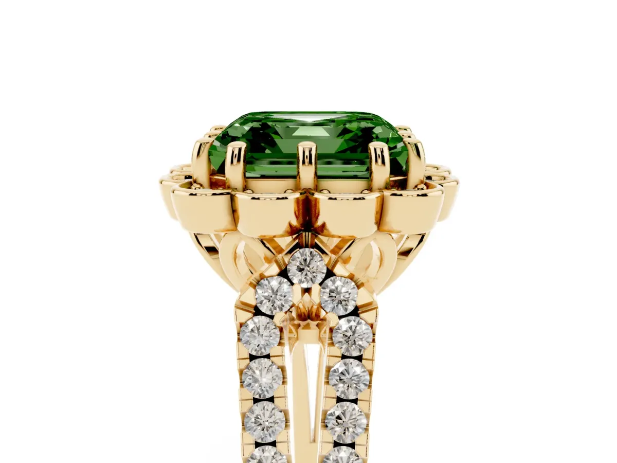 Fancy Green Asscher Cut Halo Diamond Floral Split Shank Engagement Ring Yellow gold