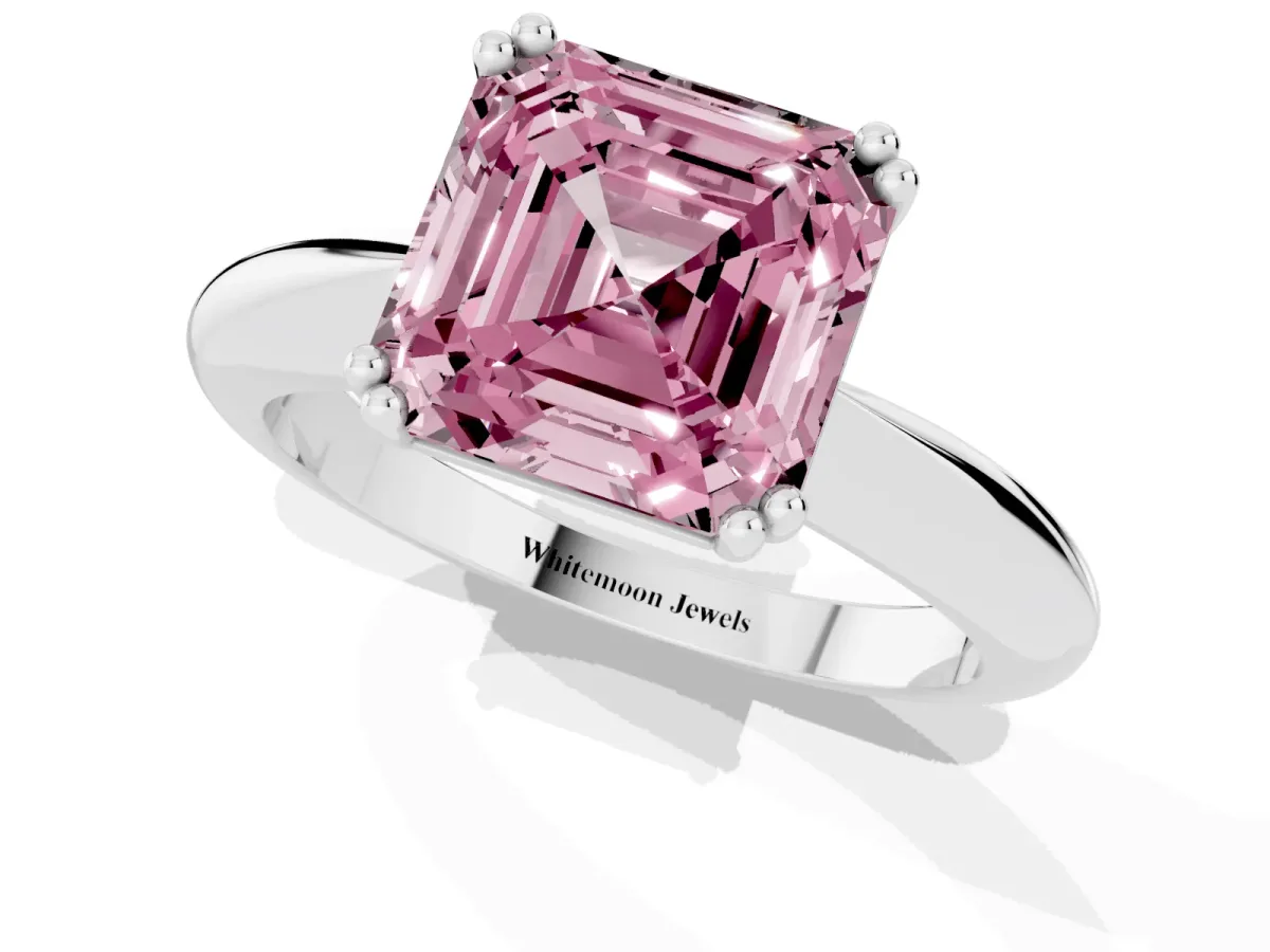 Fancy Pink Asscher Cut Cut Solitaire Engagement Ring with Tapered Band and Four-Prong Setting Platinum