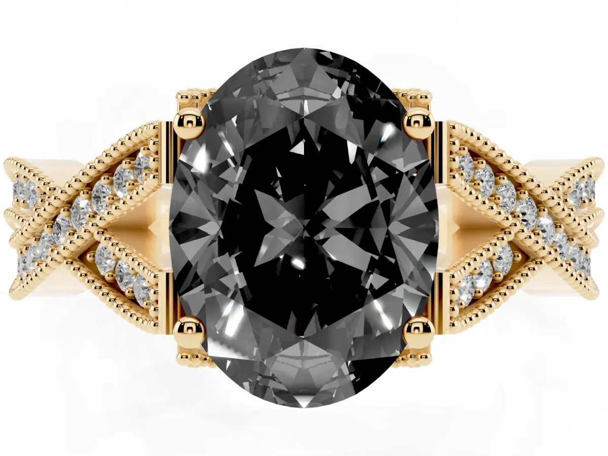 Fancy Black Oval Cut Cut Diamond Twisted Band with Milgrain Pave Setting and Four-Prong Setting Yellow gold