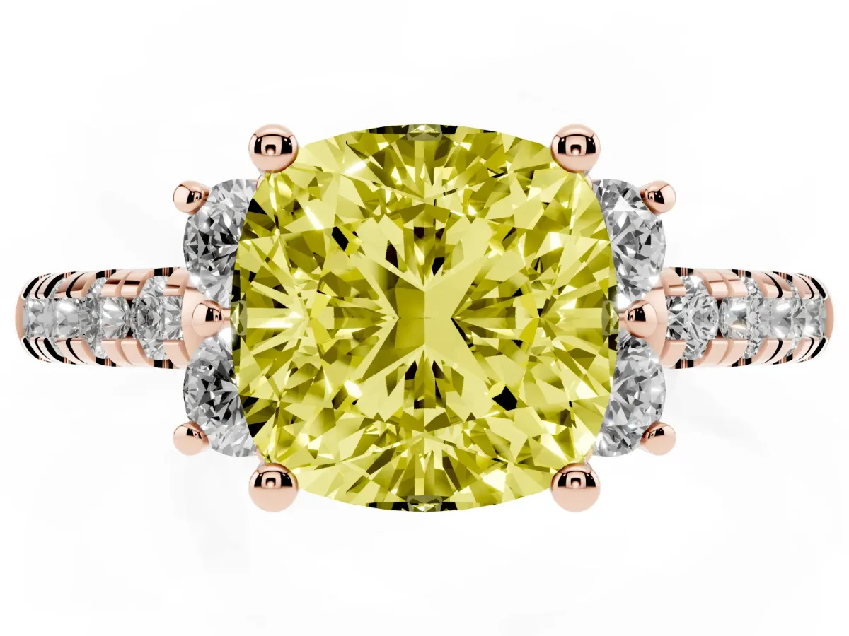 Fancy Yellow Cushion Cut Diamond Three-Stone Pave Band with Four-Prong Setting Rose gold