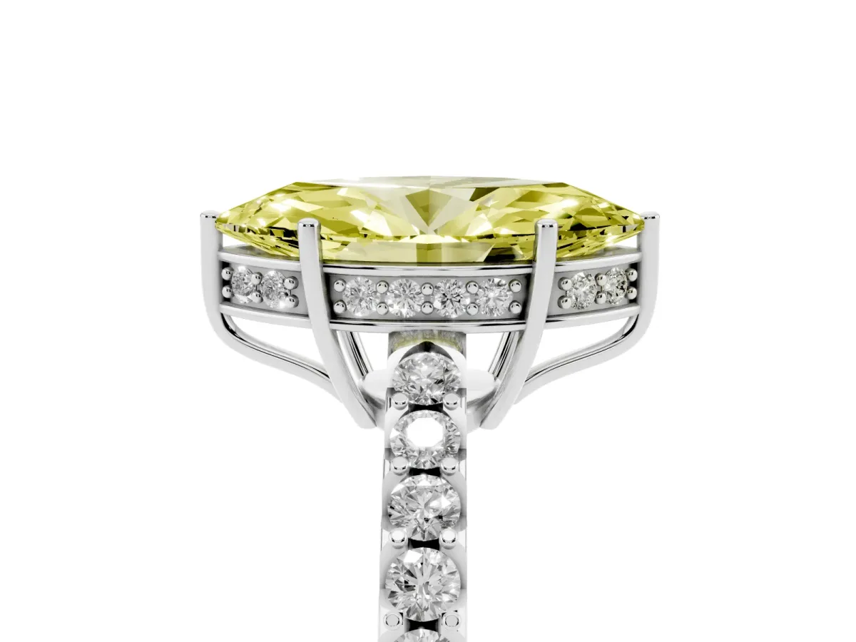Fancy Yellow Marquise Cut Solitaire Diamond Engagement Ring with Pavé Band and Six-Prong Setting White gold