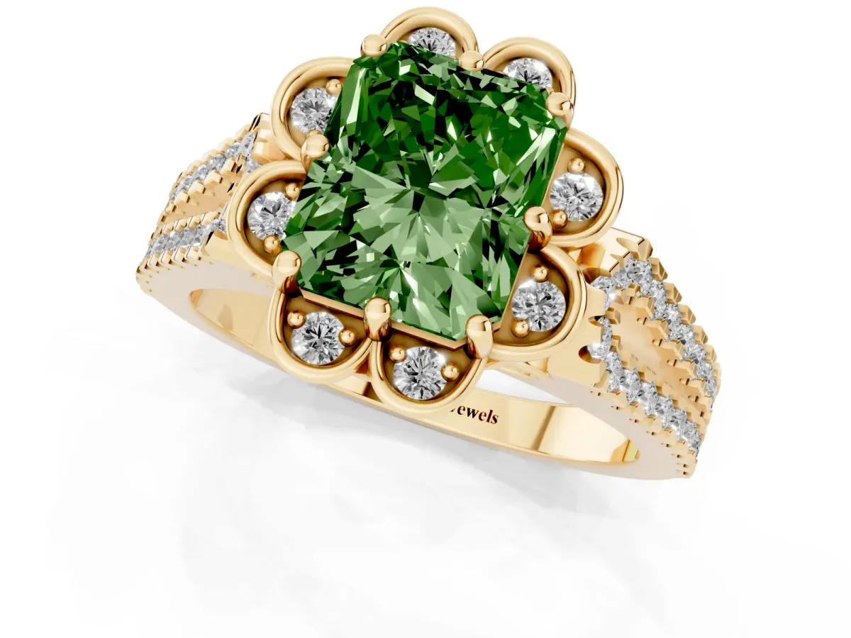 Fancy Green Radiant Cut Halo Diamond Floral Split Shank Engagement Ring Yellow gold
