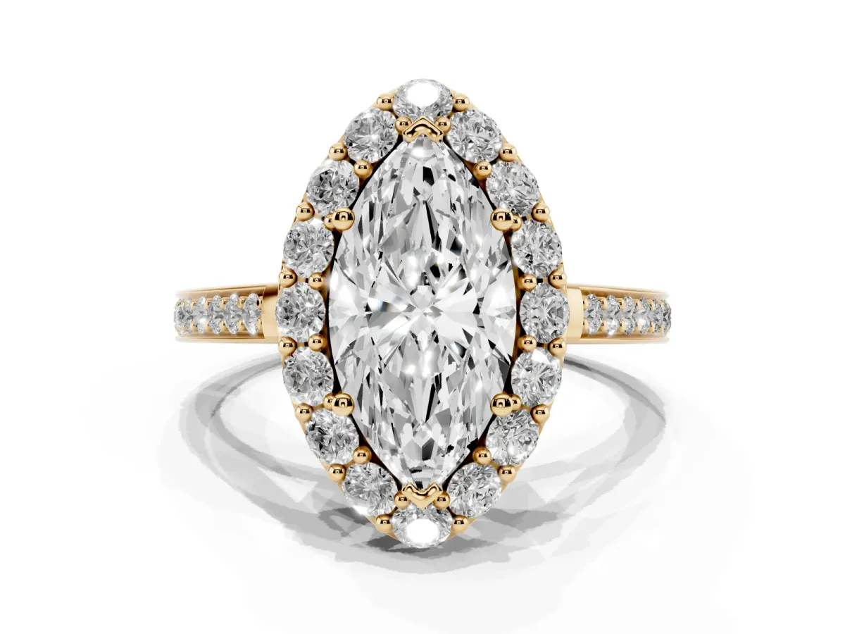 Marquise Cut Diamond Floral Halo Ring with Pavé Band and Prong Setting Yellow gold