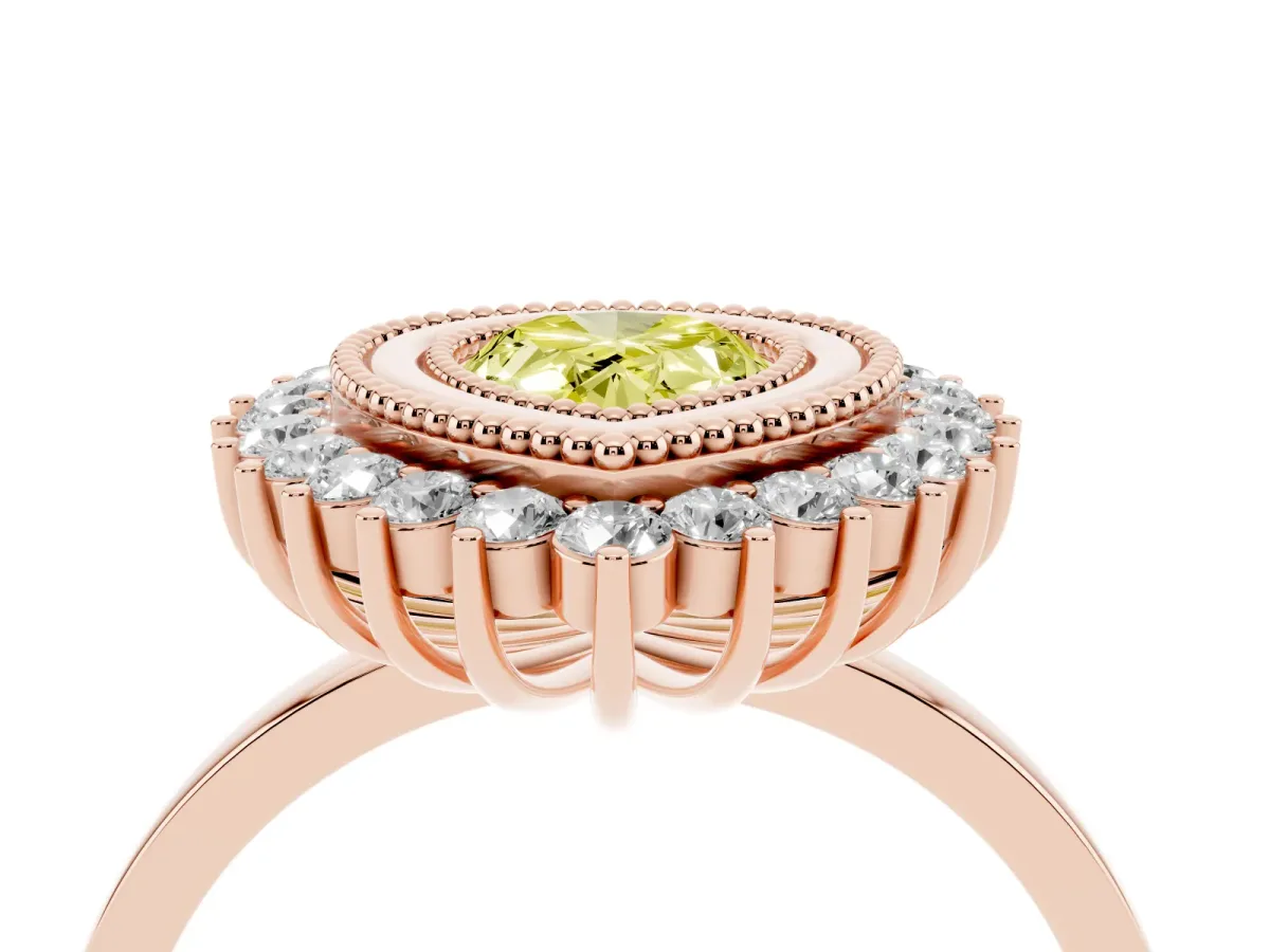 Fancy Yellow Pear Cut Halo Diamond Ring with Milgrain Edge and Round Prong Setting Rose gold