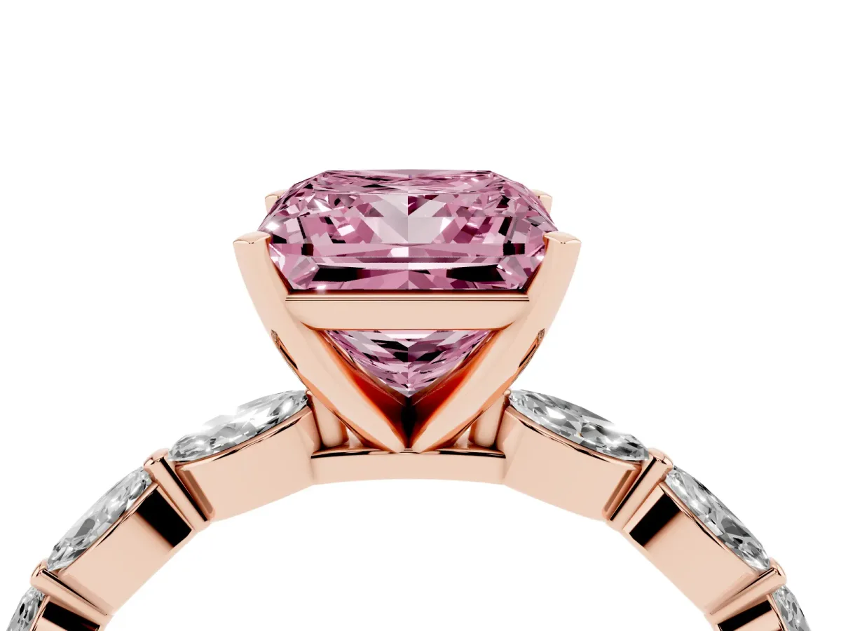 Fancy Pink Princess Cut Diamond Ring with Marquise Side Stones and Prong Setting Rose gold