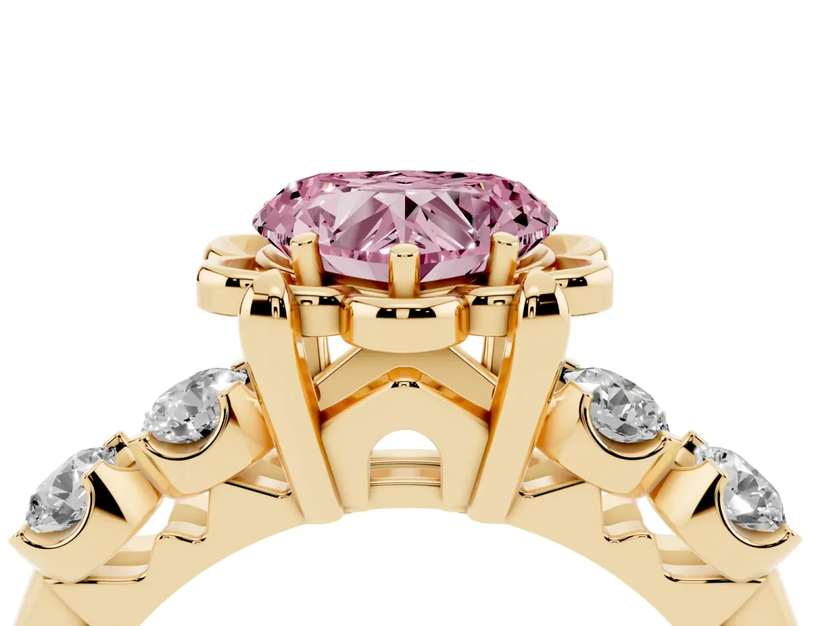 Fancy Pink Heart Cut Cut Diamond Floral Halo Engagement Ring with Shared Prong Setting Yellow gold