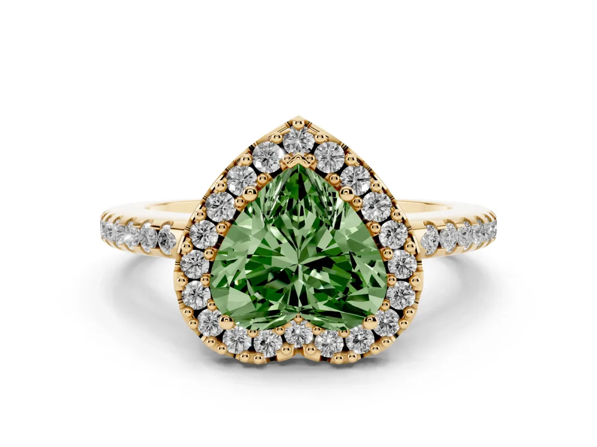 Fancy Green Heart Cut Diamond Pavé Halo Ring with Four-Prong Setting Yellow gold