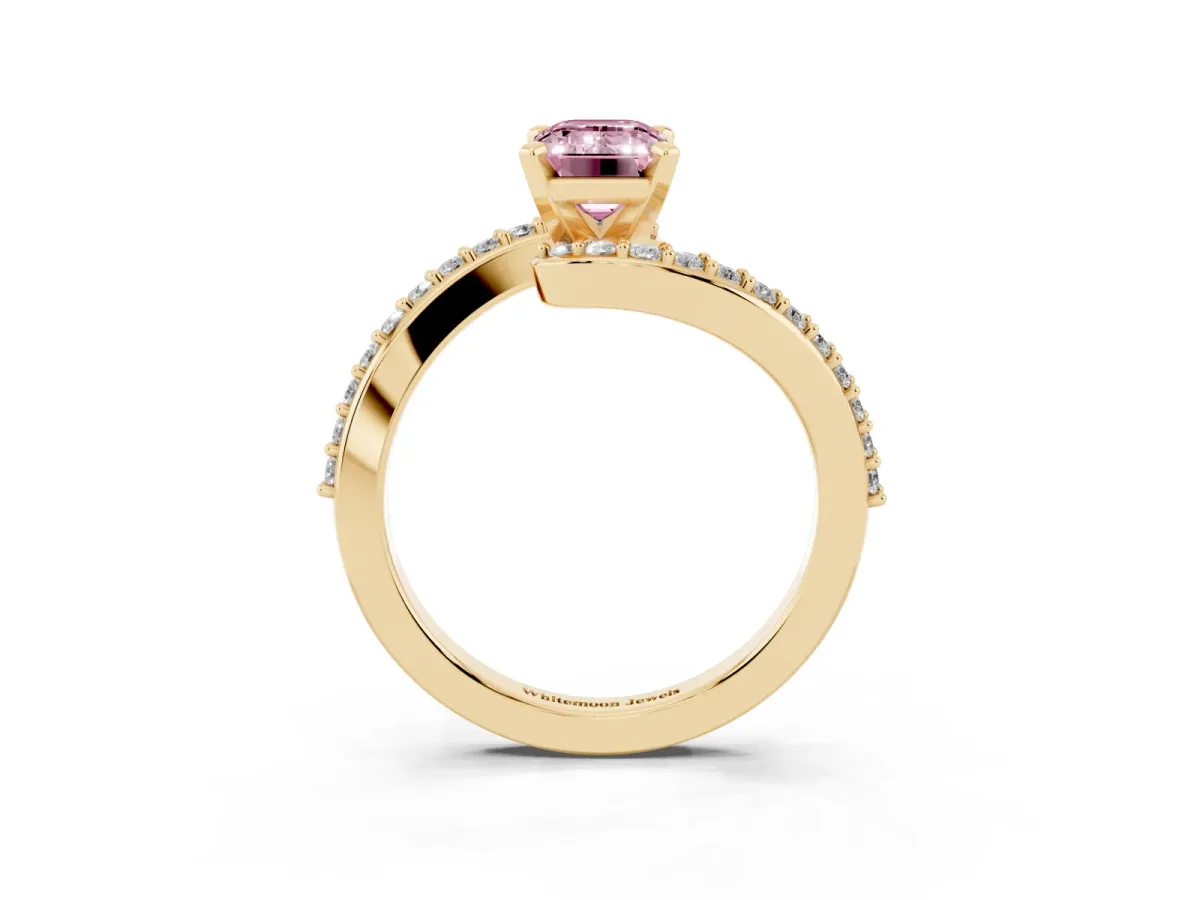 Fancy Pink Emerald Cut Solitaire Twist Band with Pave Set Diamonds and Four-Prong Setting Yellow gold