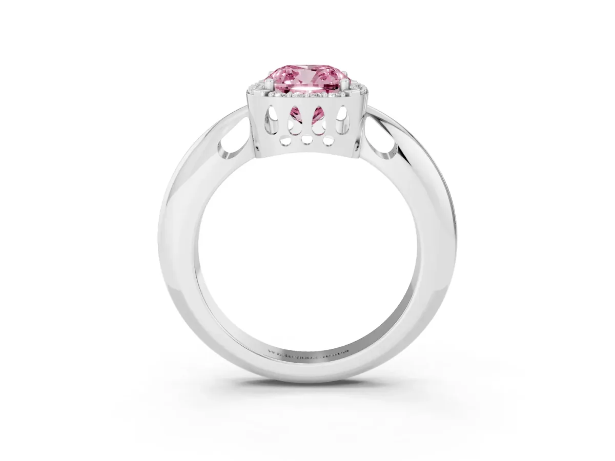 Fancy Pink Cushion Cut Cut Diamond Halo Engagement Ring with Split Shank and Four-Prong Setting Silver