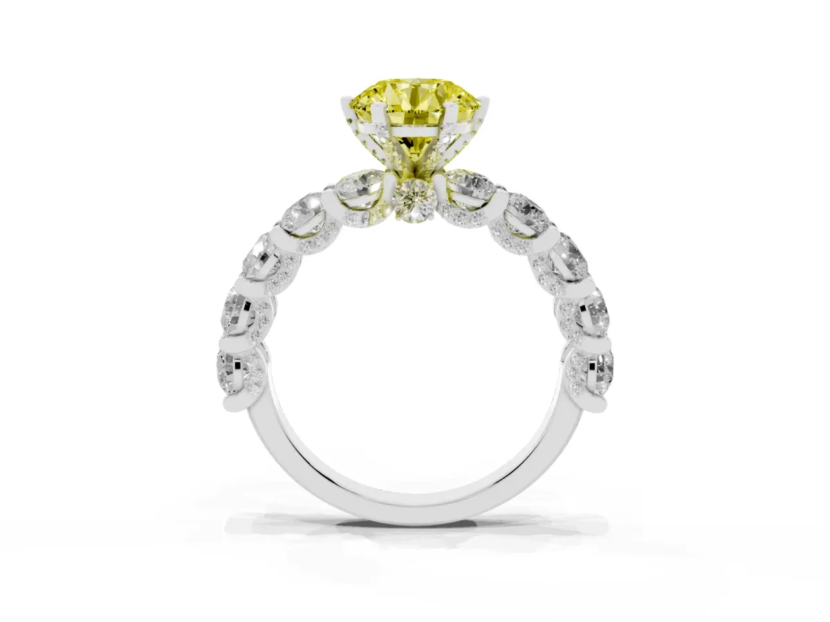Fancy Yellow Round Cut Diamond Side Stone Engagement Ring with Four-Prong Setting Platinum