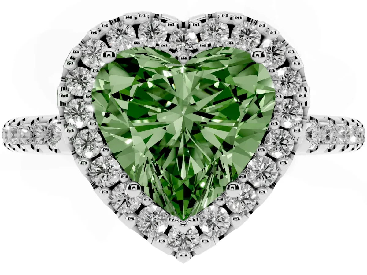 Fancy Green Heart Cut Diamond Pavé Halo Ring with Four-Prong Setting Silver