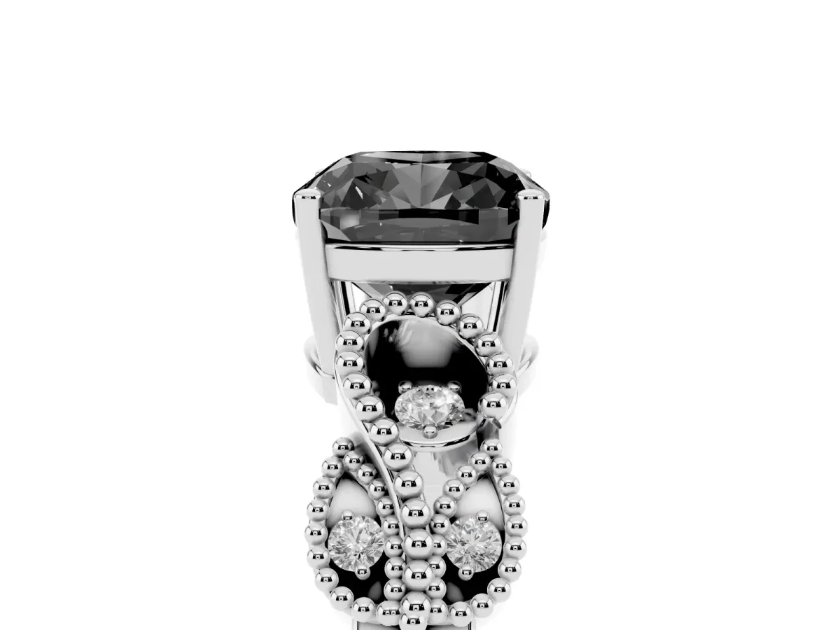 Fancy Black Cushion Cut Solitaire Milgrain Leaf Band with Prong Setting Silver
