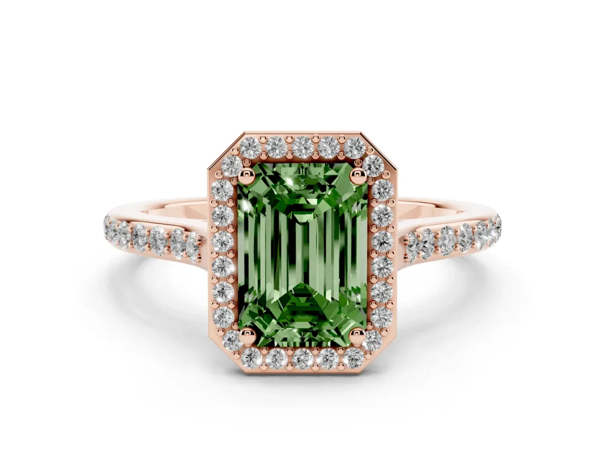 Fancy Green Emerald Cut Diamond Halo Engagement Ring with Round Pavé Shoulders and Prong Setting Rose gold