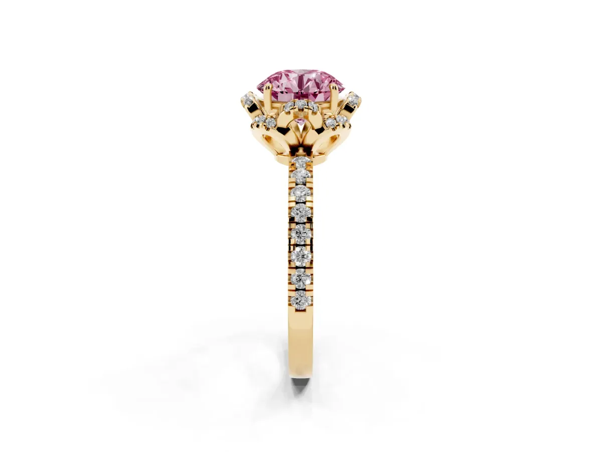 Fancy Pink Round Cut Halo Diamond Pave Band Ring with Four-Prong Setting Yellow gold
