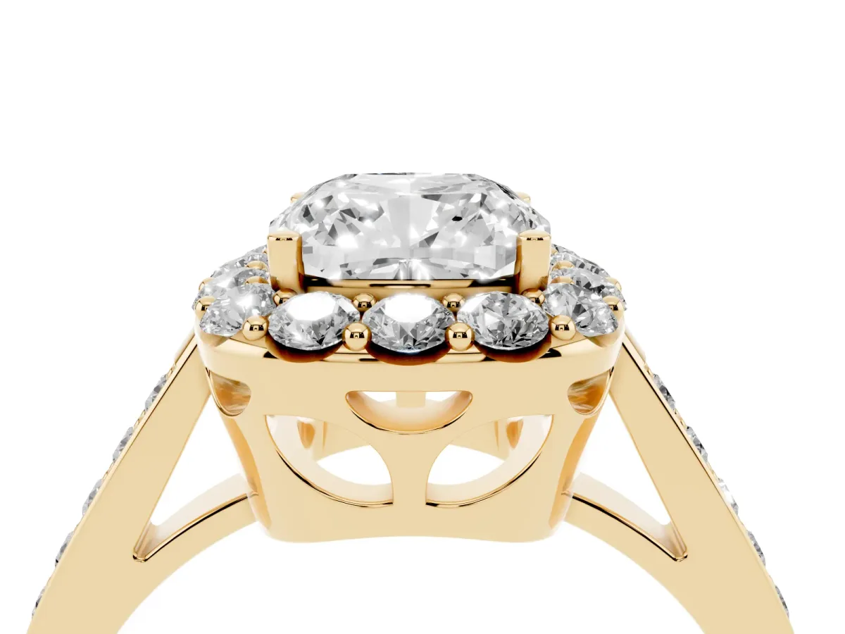 Cushion Cut Diamond Floral Halo Ring with Pavé Band and Prong Setting Yellow gold