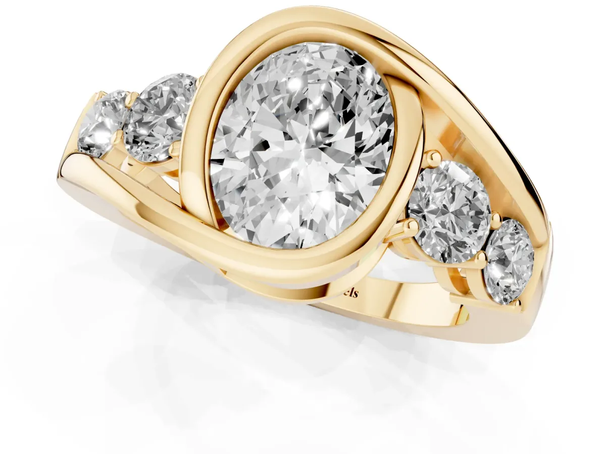 Bezel Set Oval Cut Diamond Bypass Ring with Round Accents Yellow gold