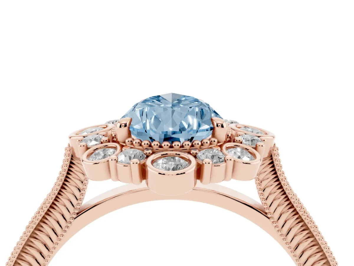 Fancy Blue Pear Cut Halo Milgrain Pave Diamond Ring with Four-Prong Setting Rose gold