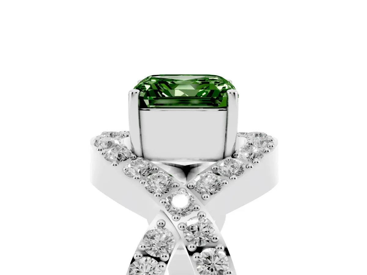 Fancy Green Asscher Cut Solitaire Twist Band Pavé Diamond Engagement Ring Silver