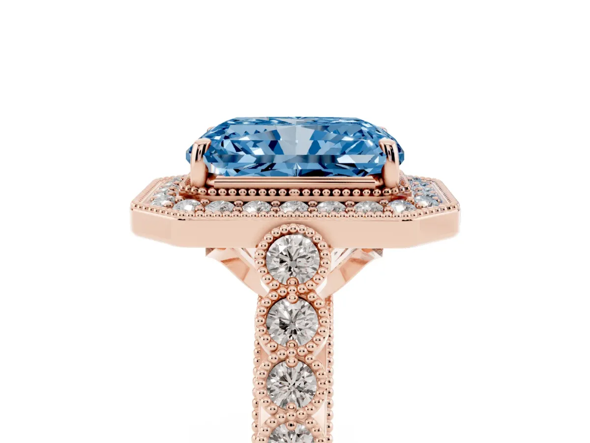 Fancy Blue Radiant Cut Halo Milgrain Solitaire with Bezel Set Side Stones and Pave Band Rose gold