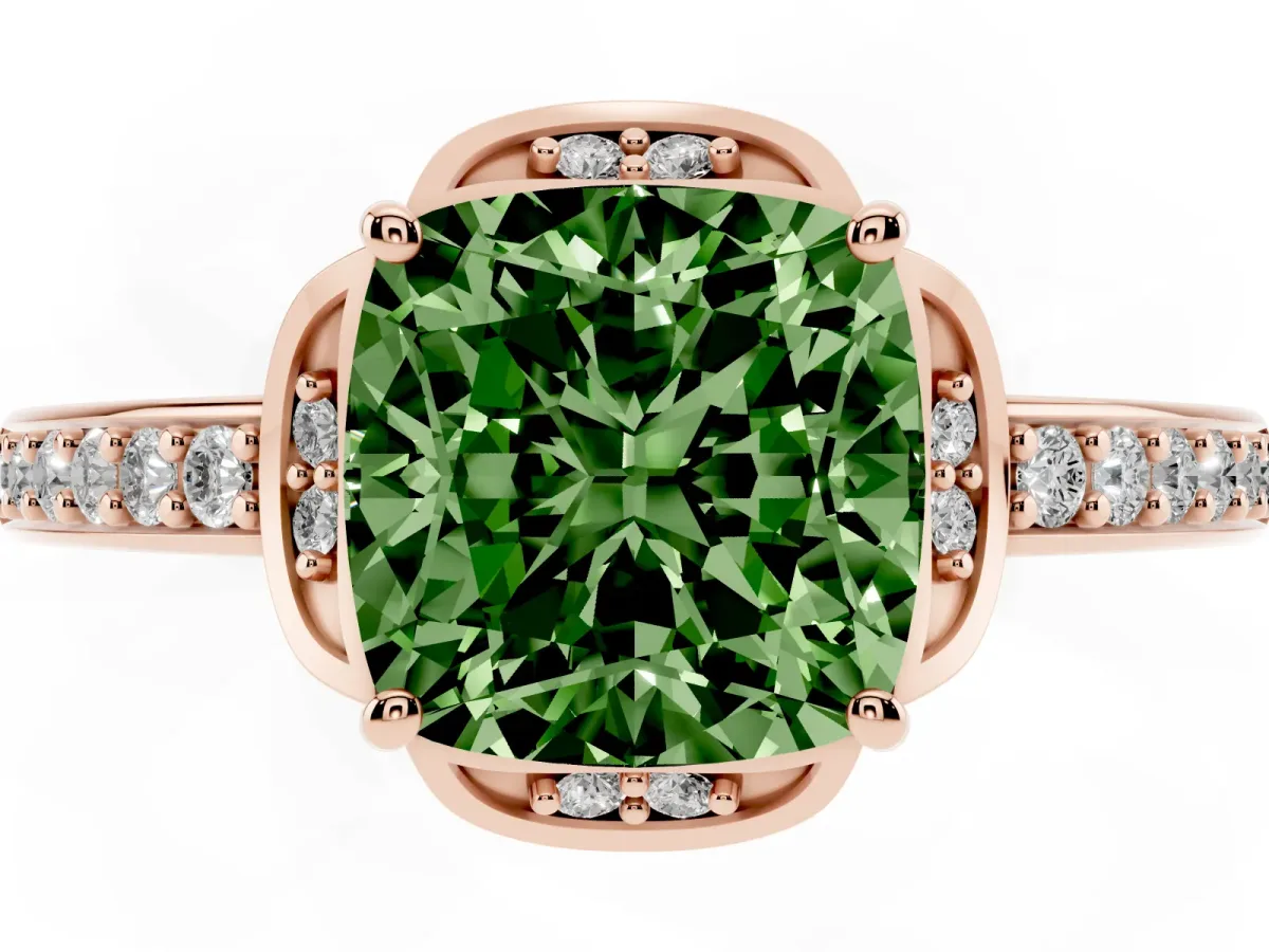 Fancy Green Cushion Cut Cut Halo Diamond Ring with Channel Set Band and Four-Prong Setting Rose gold