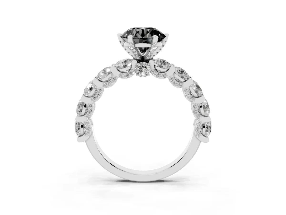 Fancy Black Round Cut Diamond Side Stone Engagement Ring with Four-Prong Setting Platinum