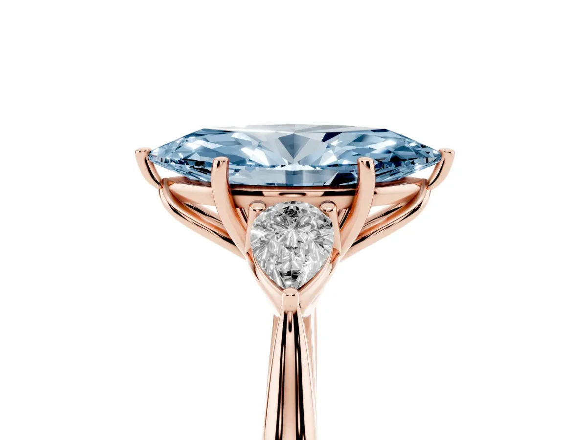 Fancy Blue Marquise Cut Diamond Three-Stone Ring with Pear Side Stones and Prong Setting Rose gold