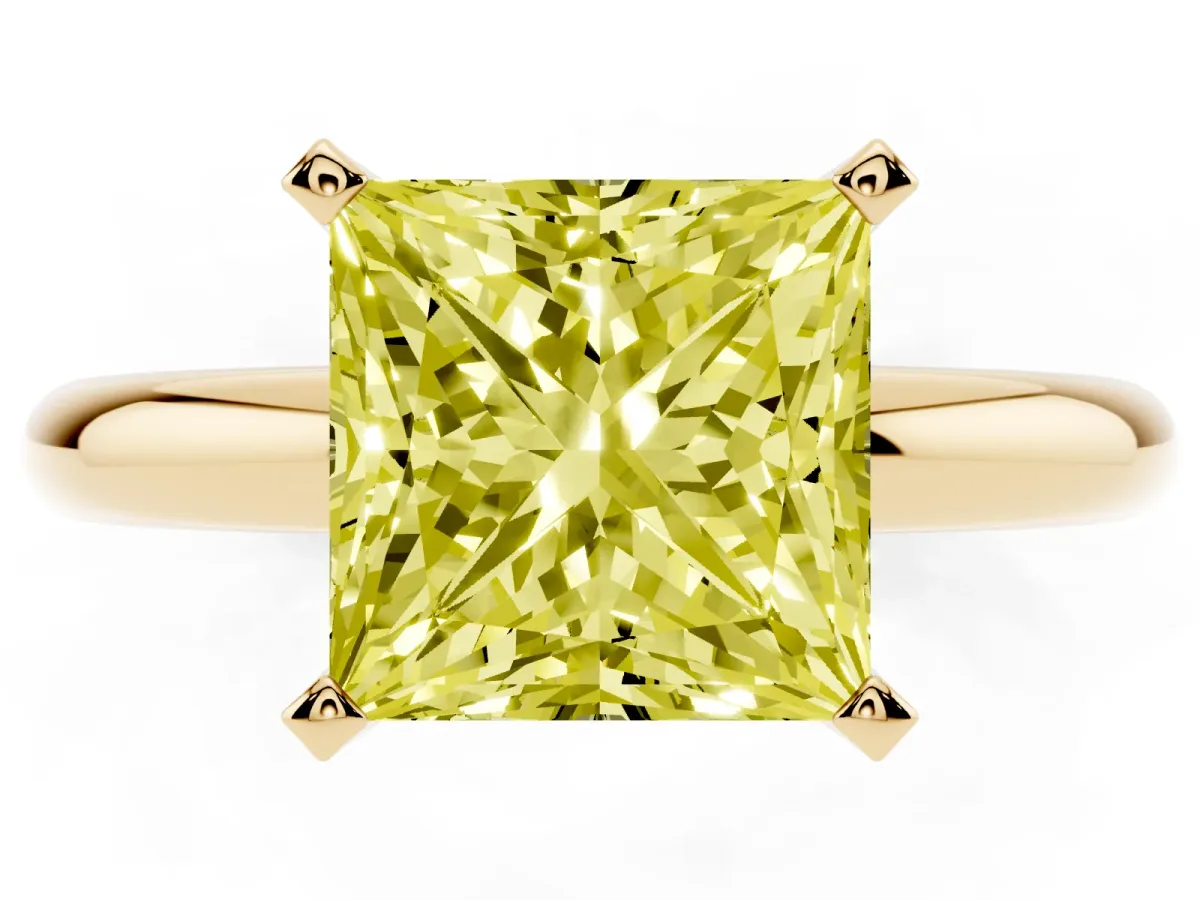 Fancy Yellow Princess Cut Diamond Solitaire Engagement Ring with Round Band and Four-Prong Setting Yellow gold