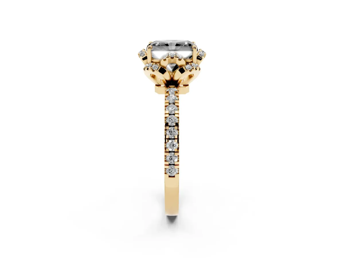 Fancy Black Radiant Cut Diamond Halo Pave Band with Four-Prong Setting Yellow gold