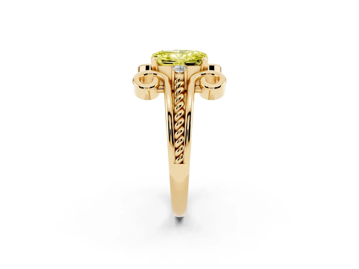Fancy Yellow Radiant Cut Solitaire Twisted Band Scroll Prong Ring Yellow gold