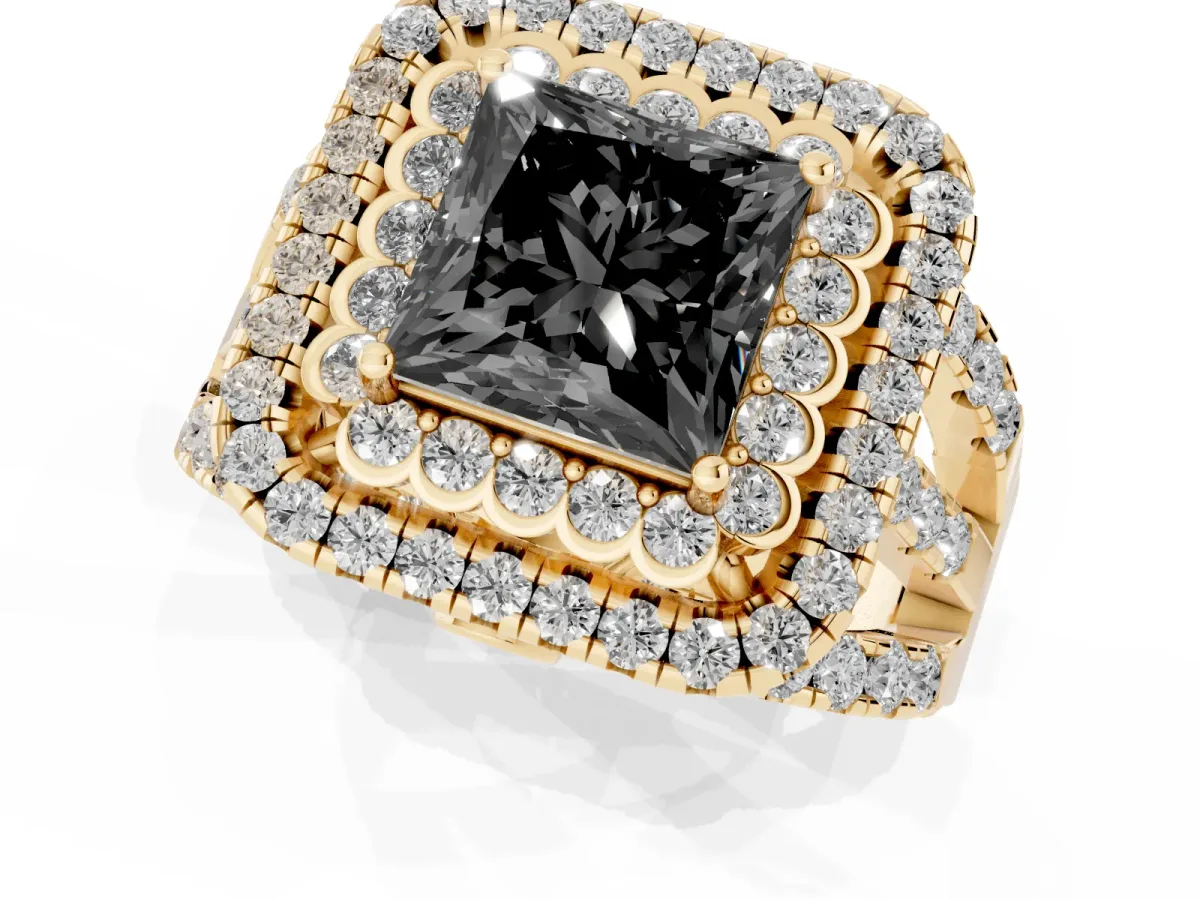 Fancy Black Princess Cut Diamond Double Halo Ring with Round Pavé Split Shank and Prong Setting Yellow gold