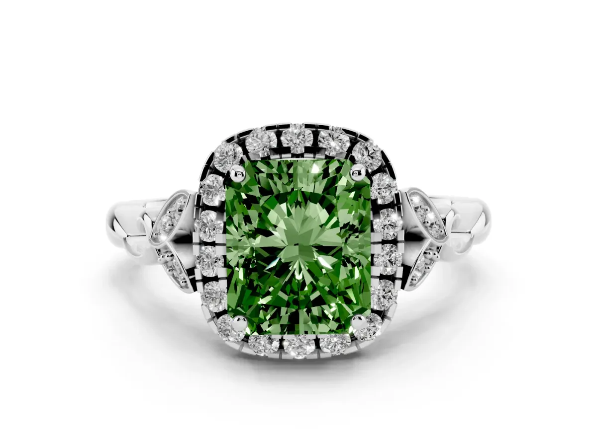 Fancy Green Radiant Cut Halo Diamond Engagement Ring with Vintage-Inspired Band and Four-Prong Setting White gold
