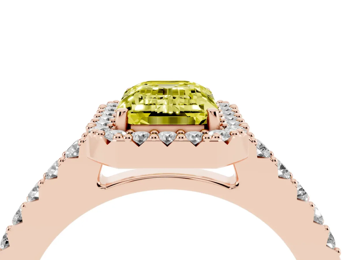 Fancy Yellow Emerald Cut Halo Diamond Pavé Solitaire Ring Rose gold