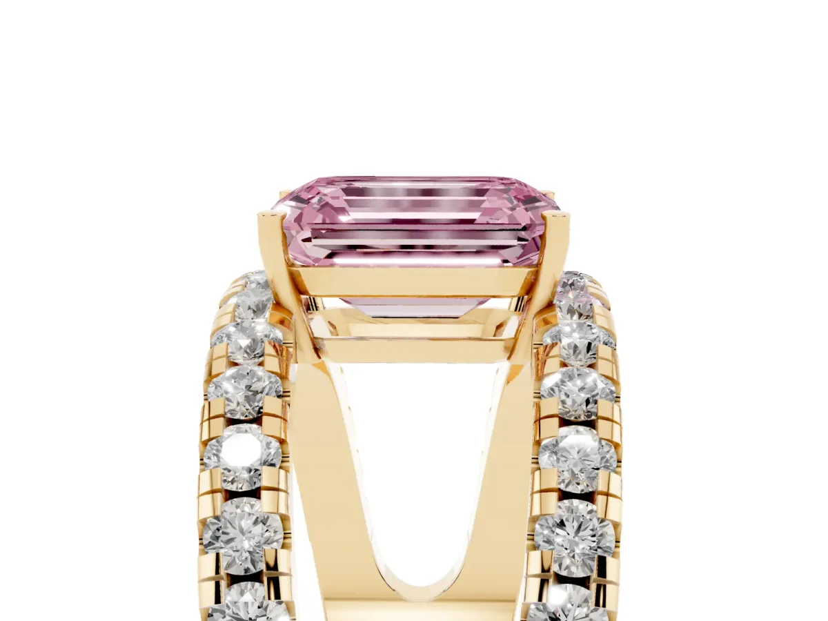 Fancy Pink Emerald Cut Solitaire Split Shank Pave Diamond Ring Yellow gold