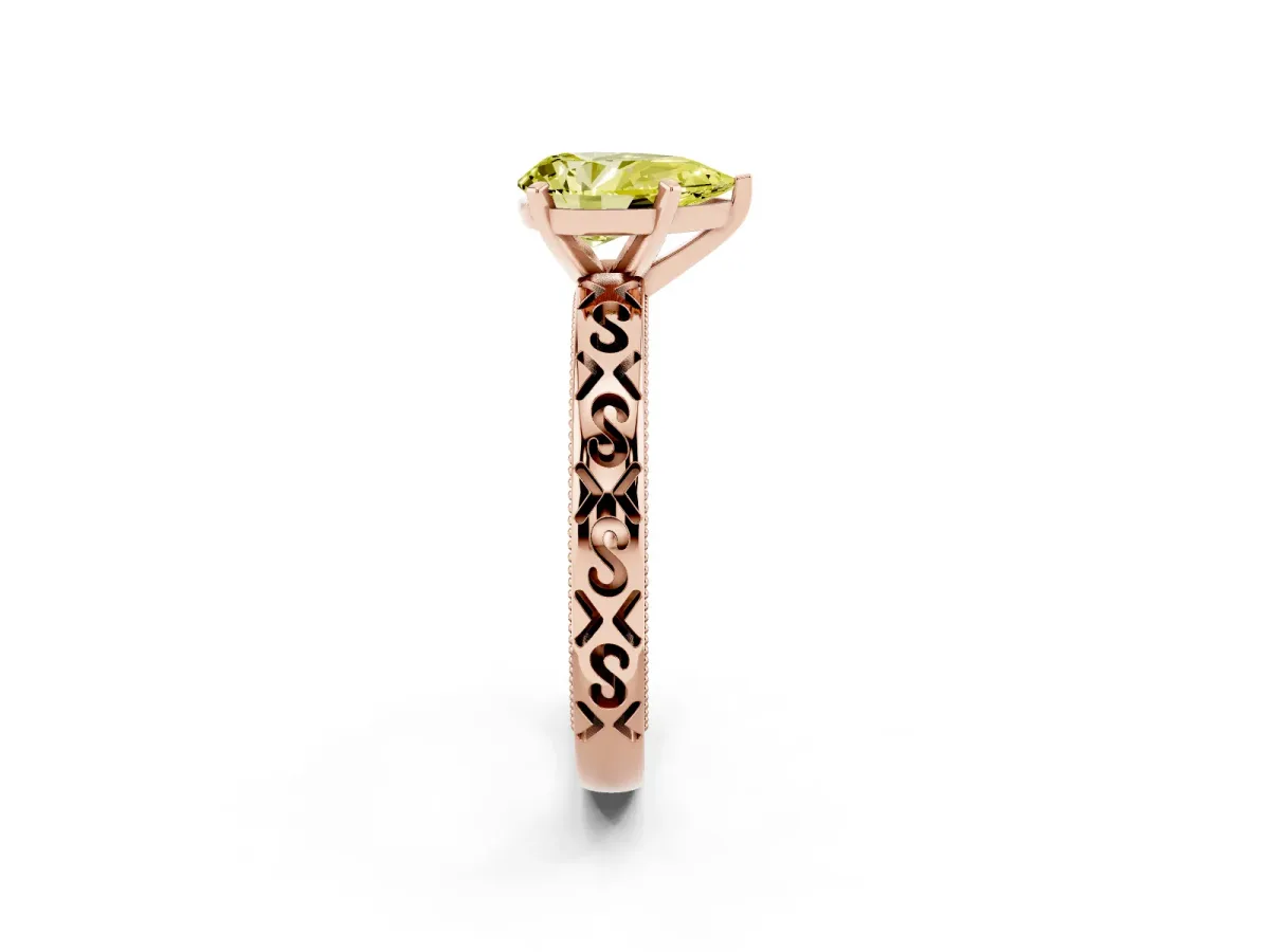 Fancy Yellow Pear Cut Solitaire Engagement Ring with Scrollwork Band and Four-Prong Setting Rose gold