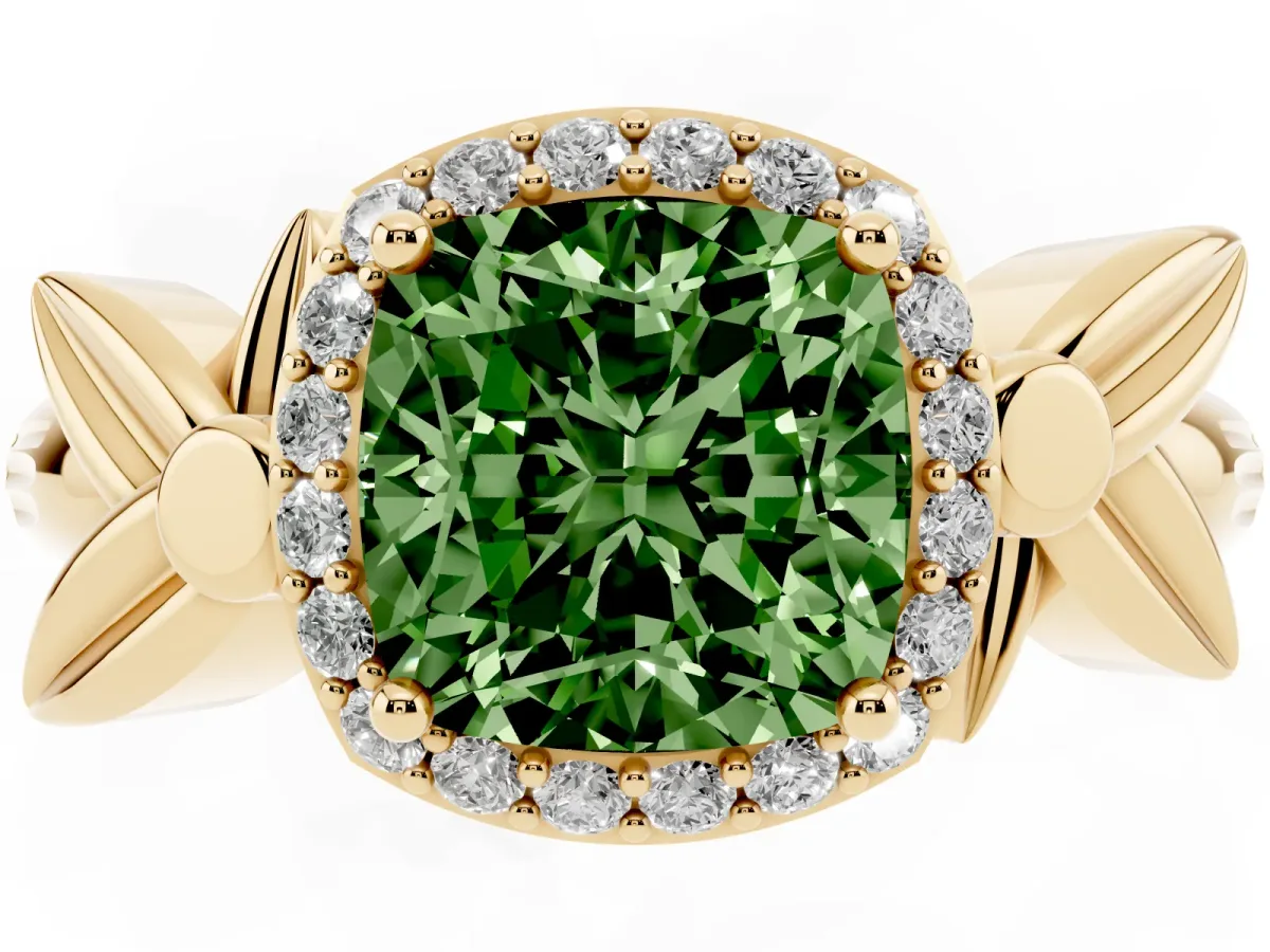 Fancy Green Cushion Cut Halo Diamond Floral Band with Four-Prong Setting Yellow gold