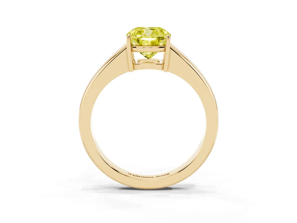 Fancy Yellow Cushion Cut Solitaire Diamond Ring with Tapered Band and Four-Prong Setting Yellow gold