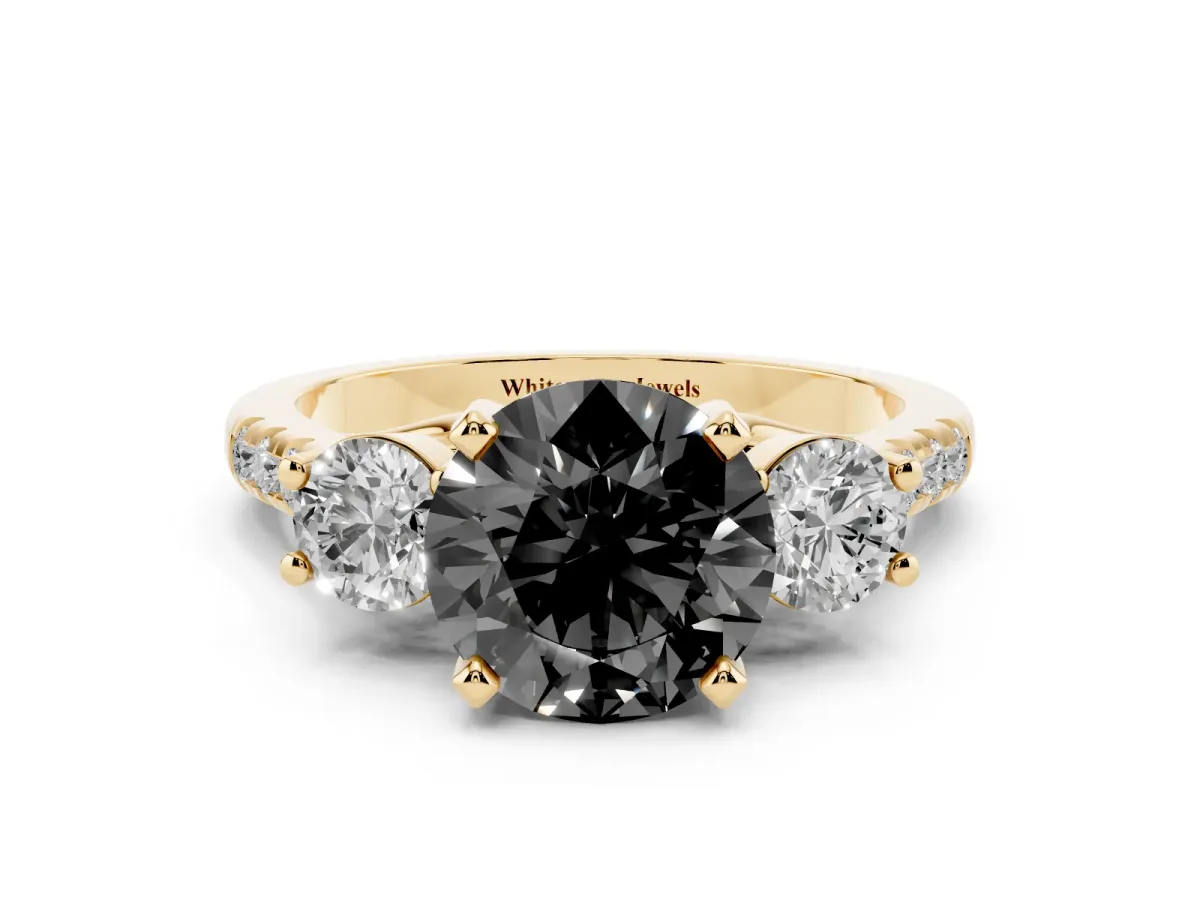 Fancy Black Three-Stone Round Cut Diamond Pavé Band with Four-Prong Setting Yellow gold