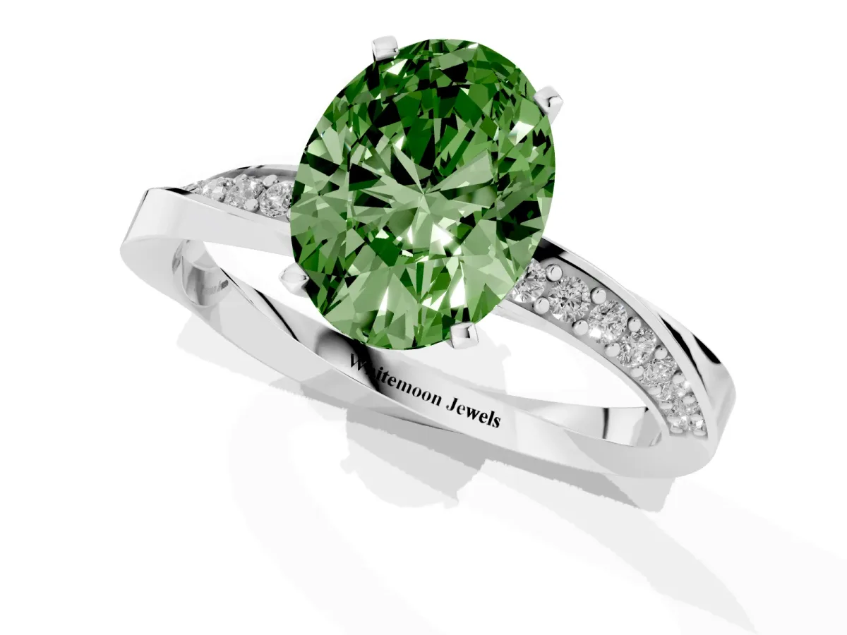 Fancy Green Oval Cut Diamond Engagement Ring with Side Stone Accents and Four-Prong Setting Platinum
