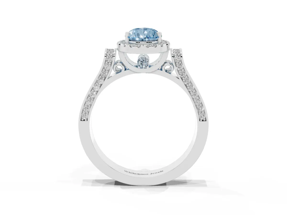 Fancy Blue Pear Cut Halo Pave Split Shank Prong Setting Ring Silver