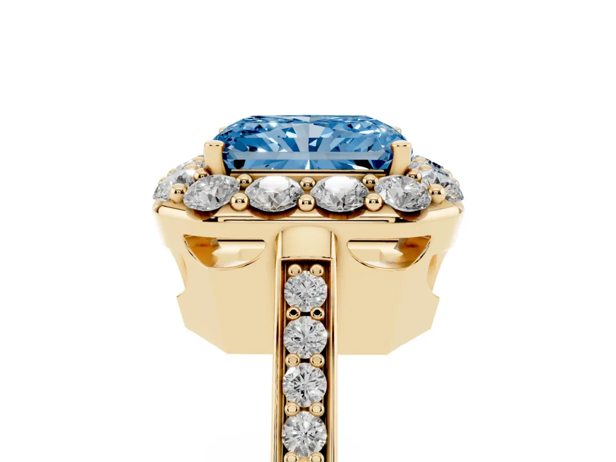 Fancy Blue Radiant Cut Diamond Floral Halo Ring with Pavé Band and Prong Setting Yellow gold