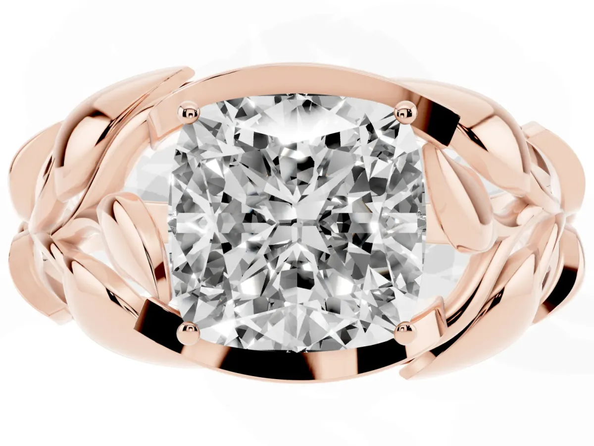 Cushion Cut Diamond Leaf-Inspired Engagement Ring with Round Accents and Prong Setting Rose gold
