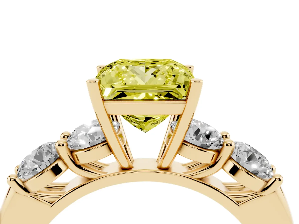 Fancy Yellow Princess Cut Cut Five-Stone Prong Set Diamond Ring with Classic Band Yellow gold